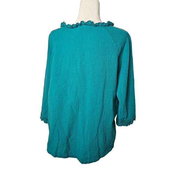 Oh My Gauze Teal Button-Down Top With Ruffle Detail 3/4 Sleeves Size 2 Large XL - Picture 4 of 8